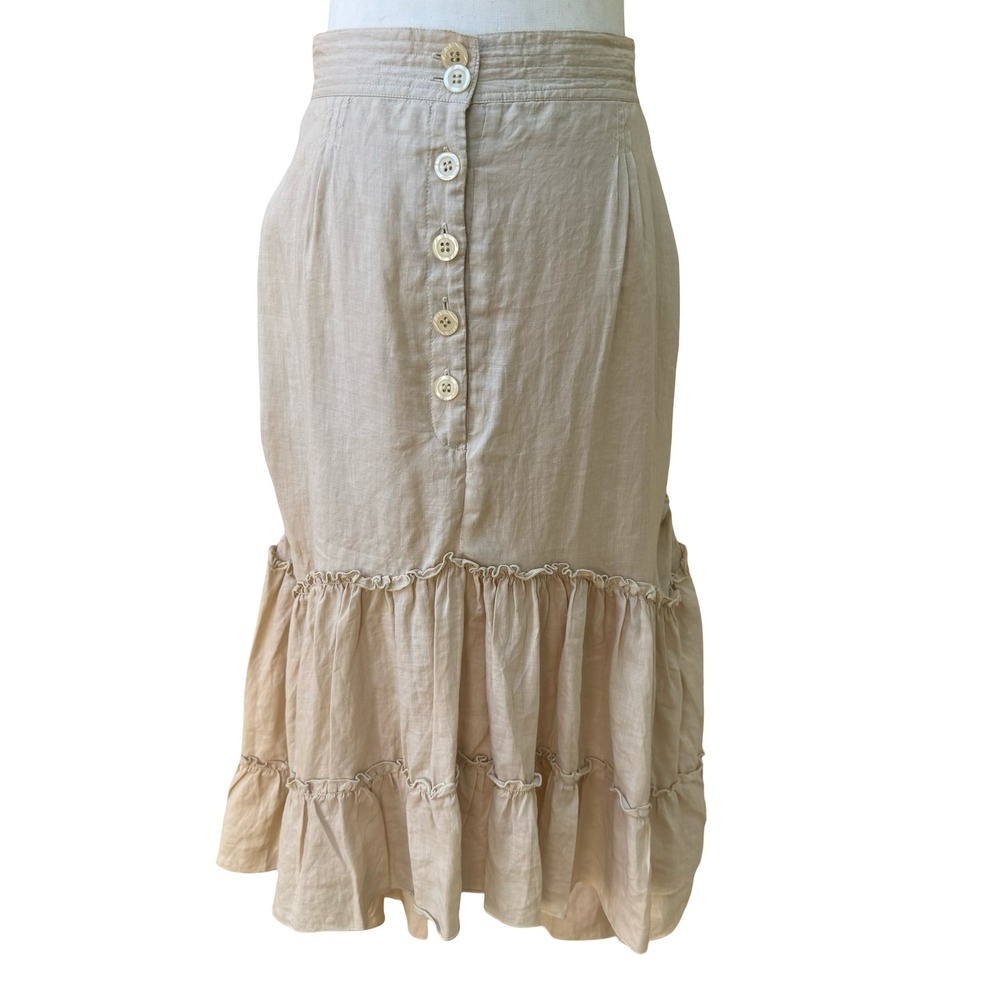 Yank Boho Prairie Milkmaid Victorian Ramie Cotton Ruffle Side Ruche Midi Skirt M